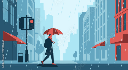 Person walking in rain under an umbrella in urban cityscape illustration