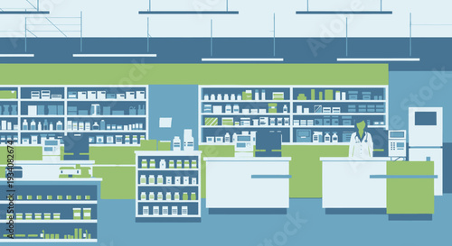 Pharmacy interior illustration with shelves and counter for pharmaceutical products