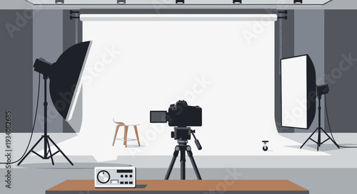 Photography studio setup with camera and lighting equipment illustration