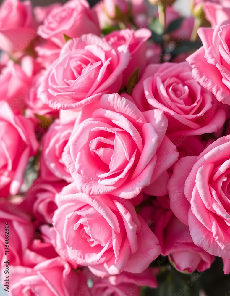 Fototapeta premium A beautiful bouquet of blooming pink roses creates a romantic floral background perfect for a wedding gift or Valentine's Day blossom