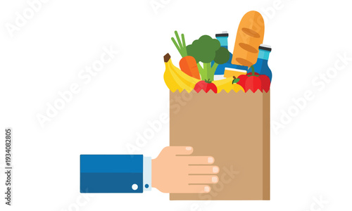 Hand Holding Paper Grocery Bag with Fresh Food and Essentials