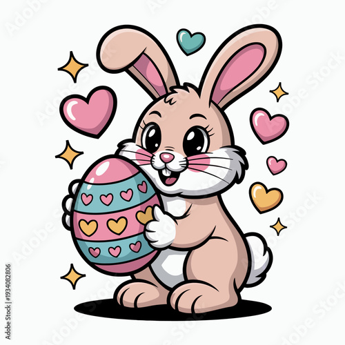 A cheerful cartoon bunny holds a colorful Easter egg. Hearts and stars surround the bunny, adding to the playful theme.