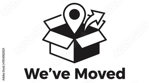 We've Moved Announcement with Open Box and Location Pin Icon.