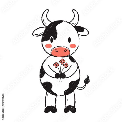 Cute Spotted Cow Holding Red Flowers Blush Kawaii Cartoon Vector Illustration