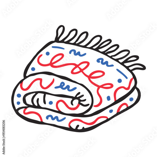 Rolled Colorful Bath Towel Doodle Vector Illustration, Sketch Style Spa Icon