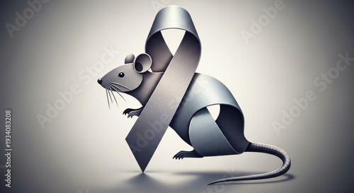 Metallic mouse sculpture with awareness ribbon symbolizing support and cause standing on gray background with soft lighting