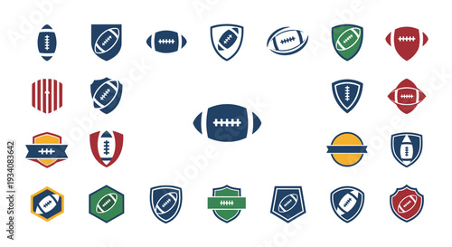 Collection of American Football Icons and Symbols in Various Shapes and Colors on White Background