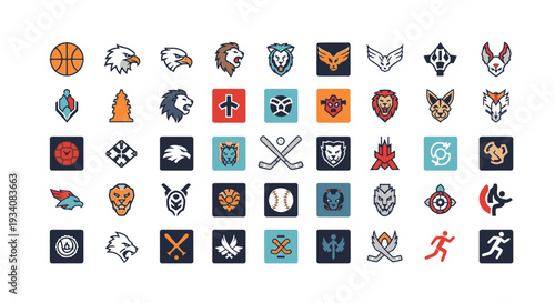 Collection of sport icons and emblems featuring animals, sports equipment, and abstract symbols