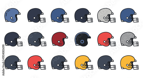 Diverse collection of American football helmets in various colors, presented as flat design icons for sports, team, and game related themes and branding.