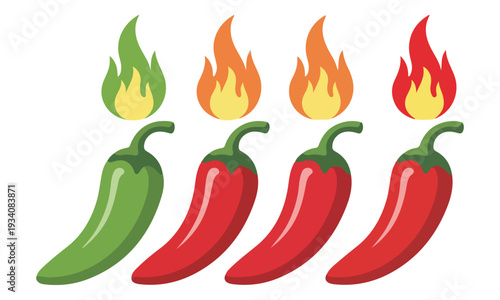 Chili Pepper Heat Scale Vector with Flames from Mild to Hot
