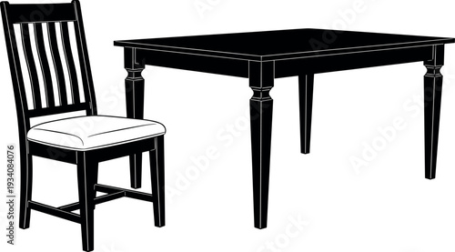 Classic Black Wooden Dining Table and Chair Set with White Padded Seat Cushion Isolated on White Background for Interior Design