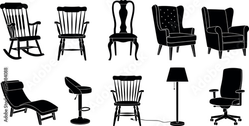 Collection of Furniture Silhouettes Including Rocking Chair Armchair Office Seat Bar Stool Floor Lamp Wingback Chair and Modern Lounge for Interior