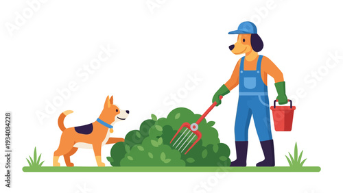 Anthropomorphic dog gardener raking green shrubbery next to a dog