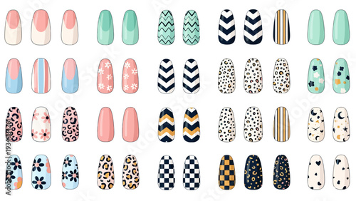 A grid display of fortyeight individual distinct artificial nail designs