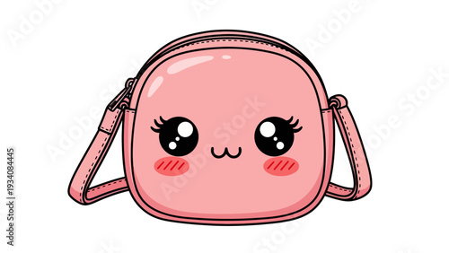 A pink kawaiistyle crossbody bag with large expressive eyes and blushing cheeks