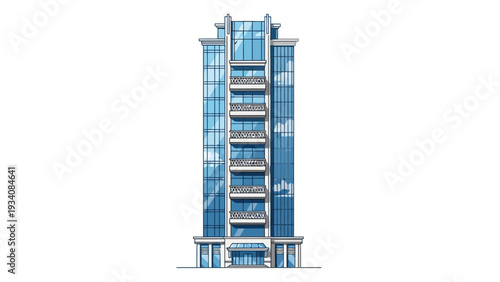 A tall modern highrise building with blue glass curtain walls and stacked white balconies