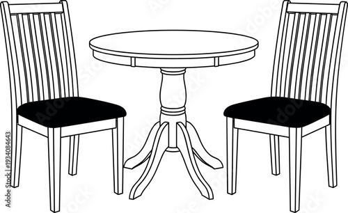 Minimalist black and white line art illustration of a round wooden pedestal dining table with two matching slat back chairs