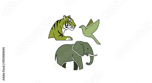 Endangered species concept with tiger elephant and bird in harmony