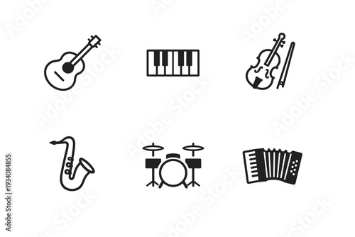 Musical instrument simple line icon set