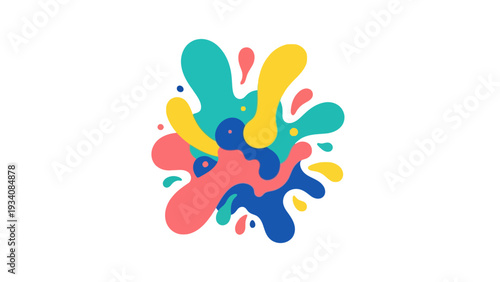 Abstract colorful splatter graphic composed of organic shapes and drops on a white background