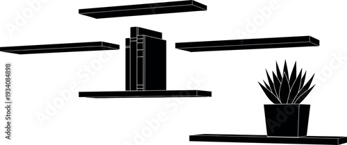 Minimalist black silhouette floating wall shelves set with books and potted plant interior home decor elements isolated on white background