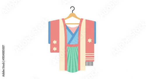 Colorful traditional outfit with cardigan and dress on hanger bohemian fashion style