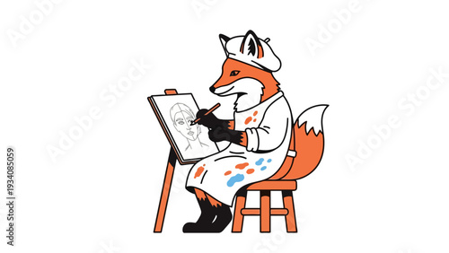 An anthropomorphic fox wearing an artists beret and smock sketches a portrait on an easel
