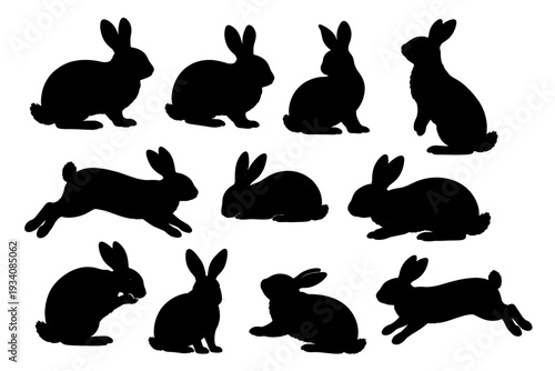 Rabbit animal black silhouette set