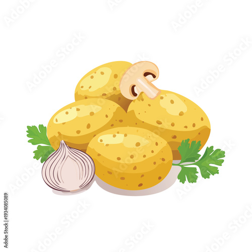 Fresh potatoes mushrooms garlic and parsley on white background