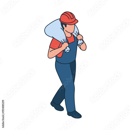 Man in Overalls Carrying Heavy Sack.