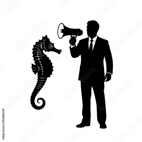 Man in Suit Holding Megaphone Near Seahorse.