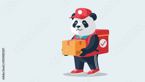Animated panda delivery person holding a box with a red backpack