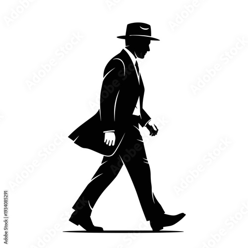 Man in Suit Walking with Fedora Hat.