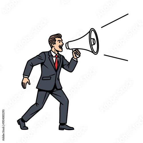 Man in Suit Holding Megaphone Shouting.