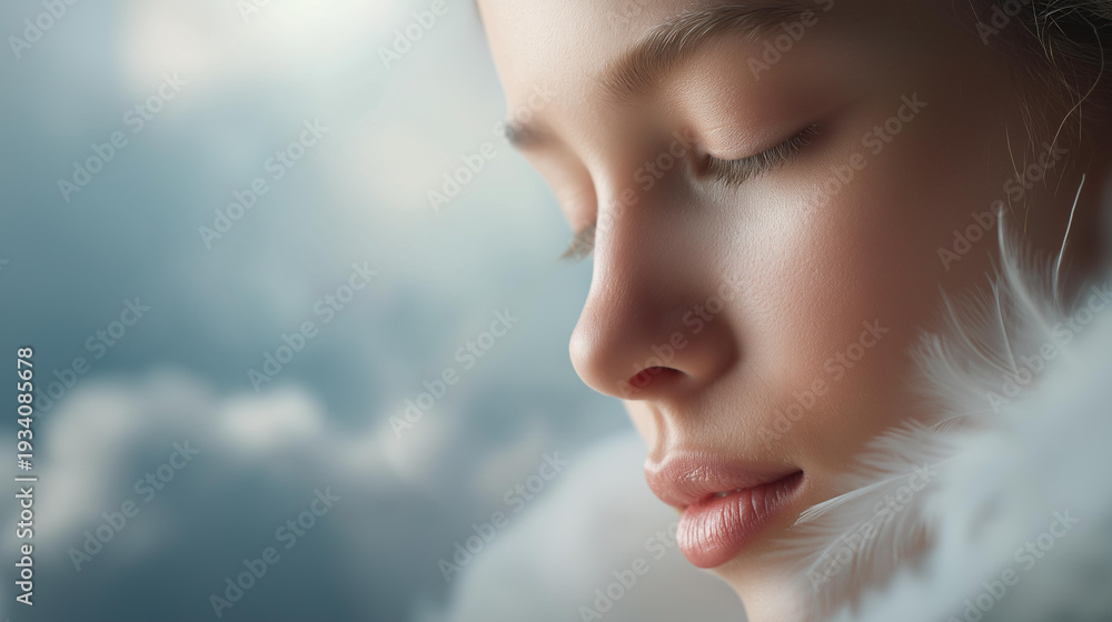 Obraz premium Close-up of a serene white angel face with soft feathered wings, glowing ethereal light on skin, defocused heavenly clouds behind, angel, heaven, divine beauty, spiritual guardian, faith,