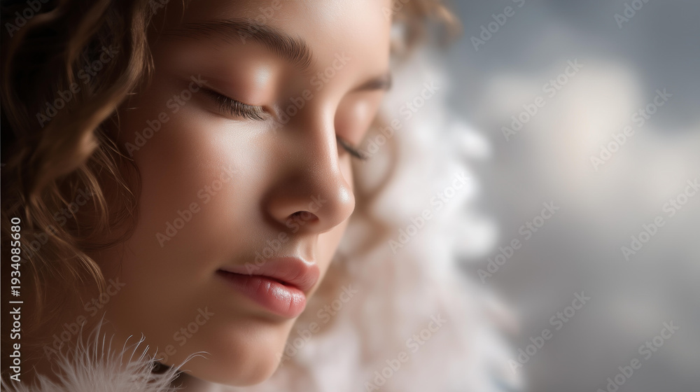 Obraz premium Close-up of a serene white angel face with soft feathered wings, glowing ethereal light on skin, defocused heavenly clouds behind, angel, heaven, divine beauty, spiritual guardian, faith,