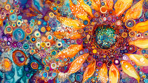 A colorful painting of a sunflower with many different colored circles