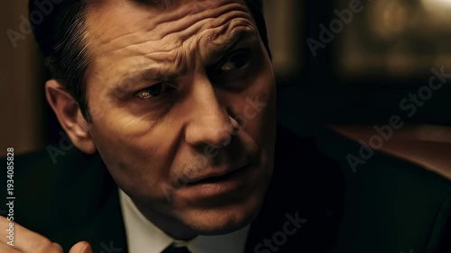 Mafia negotiator senses danger in silence, intense close-up of middle-aged man, suit inside dim office, subtle eye movement, tense atmosphere, strategic instinct, hidden threat, power struggle concept