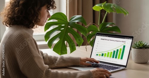 woman working on laptop with graph.
