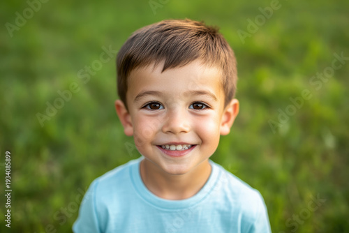 Smiling child in a grassy field during a sunny day