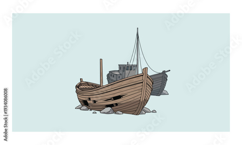 Abandoned Wooden Boat on Rocks with Larger Fishing Vessel Behind