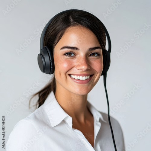 Smiling woman wearing headphones with a white shirt indoors