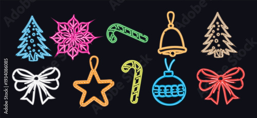 Christmas neon line icons set, colorful glowing festive holiday symbols on dark background, hand drawn chalk style winter ornaments, candy cane, star, bell, and snowflake illustrations.