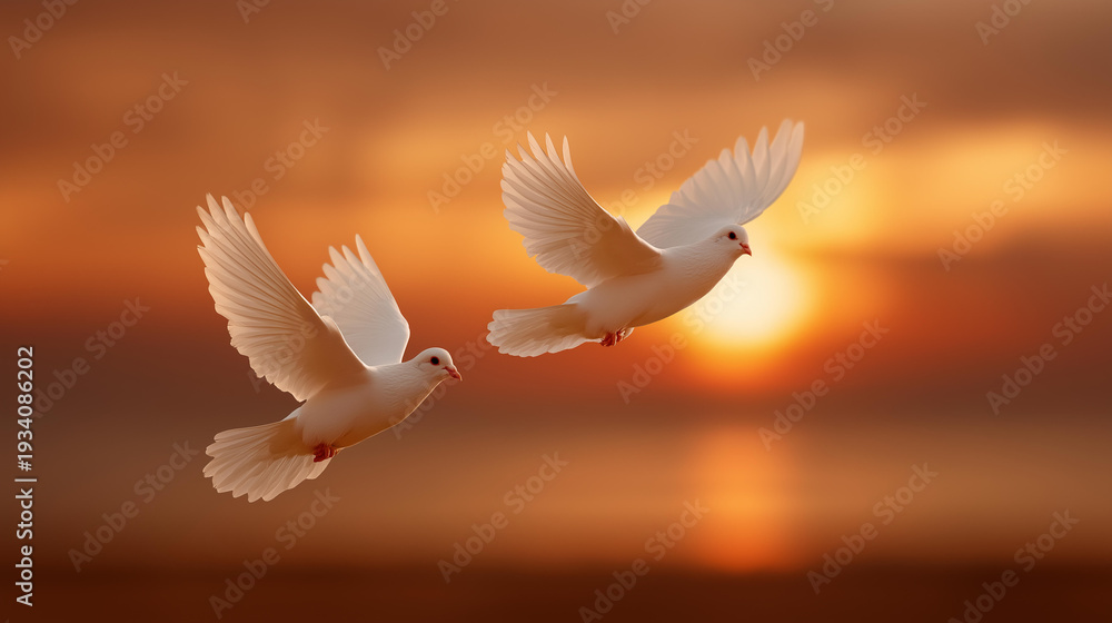 Obraz premium Pair of white doves in flight against a blazing orange sunset, wings fully extended, defocused horizon clouds below, peace, freedom, holy spirit, hope, divine symbol, spirituality, faith,