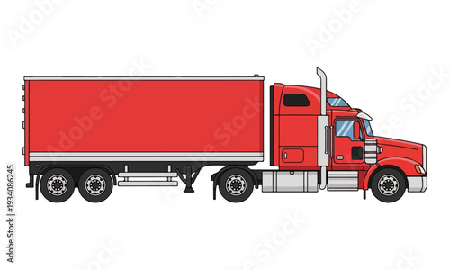 Red Semi-Truck with Trailer Side View Isolated Illustration