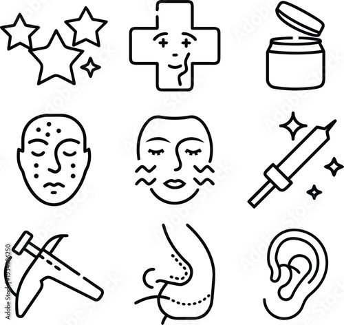 Set of cosmetic and medical aesthetic outline icons including stars, cross, cream, and facial procedures