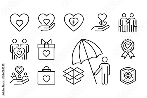 Charity and donation line icons set, social responsibility, insurance and community care symbols