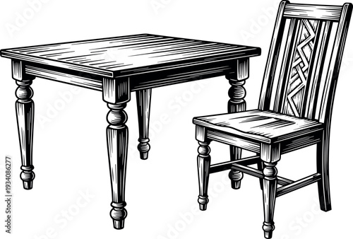 Vintage Woodcut Illustration of a Handcrafted Wooden Dining Table and Chair Set Isolated on White Background for Interior Furniture Design