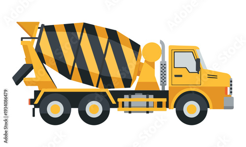 Concrete Mixer Truck Side View, Yellow Construction Vehicle