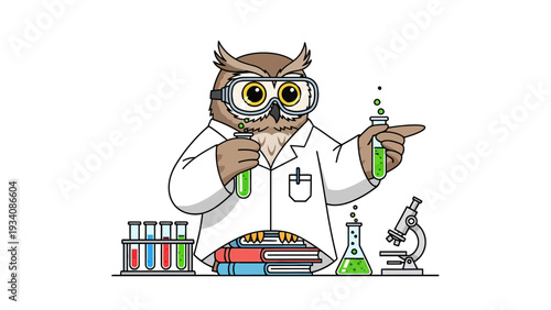 Cartoon owl in a lab coat holding test tubes with green liquid